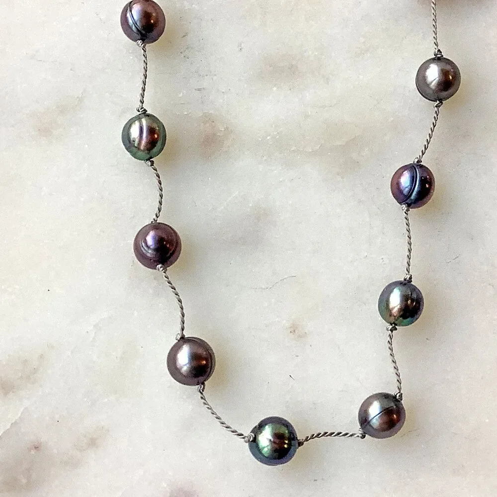 Vintage Peacock Pearls Necklace 6mm-7mm Sterling Silver 15'' Signed